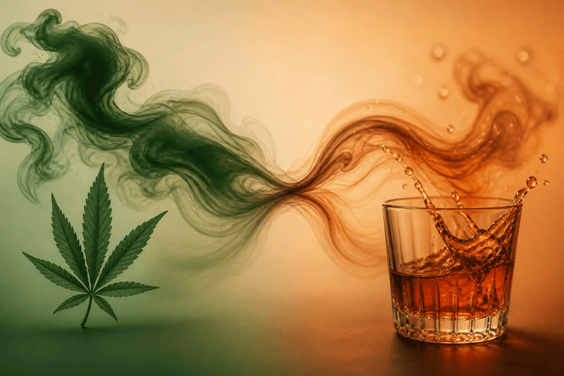 Cannabis leaf and alcohol crossing together